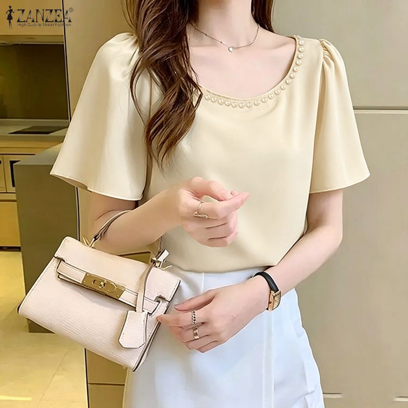 Summer Clothing Work - ZANZEA Women's Elegant Blouses Pearls Detailed