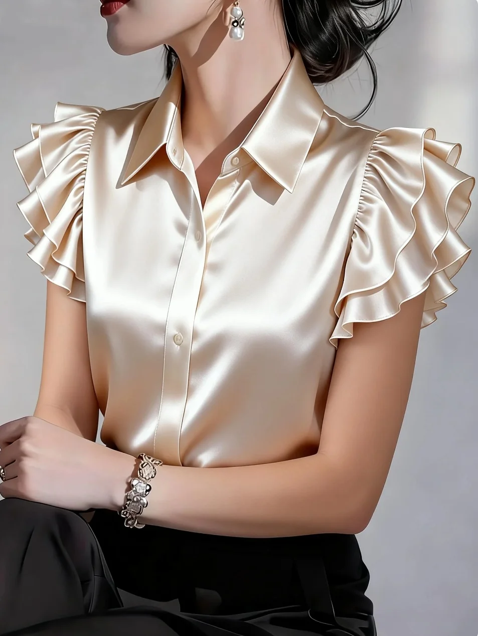 Summer Clothing Work - Women Elegant Satin Ruffle Sleeve Button