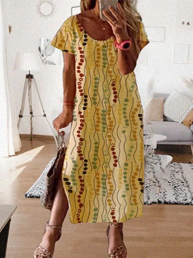 Summer Clothing Women Sale - Plus Size Yellow Printed Midi Dress,