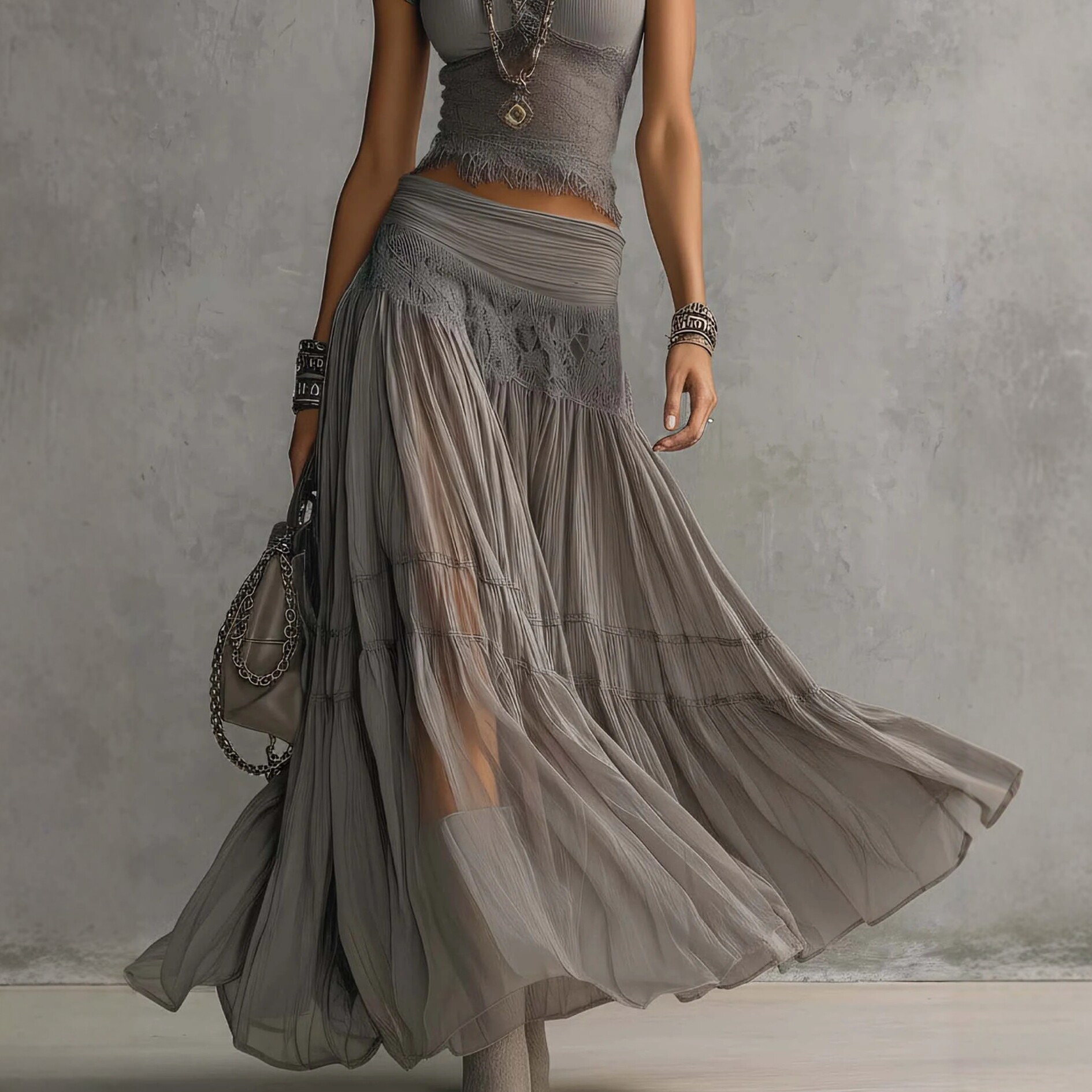 2026 Gray Knitted Top + Chiffo - Summer Clothing Y2K recension och pris