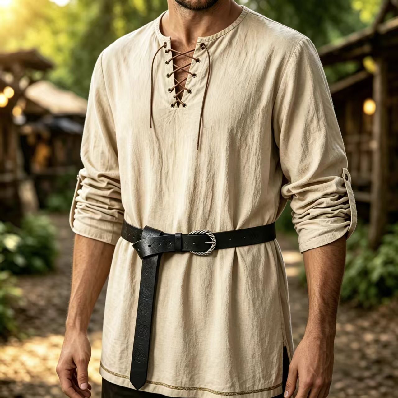 Men Medieval Lace Up Linen Lon - Summer Viking Clothing recension och pris