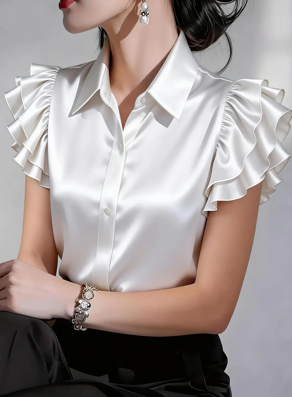 Women Elegant Satin Ruffle Sle - Summer Clothing Work recension och pris